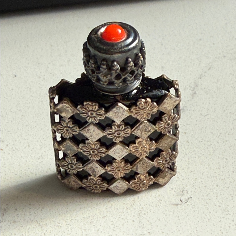 Vintage Miniature Perfume Bottle Made in France Silver Cased Black Glass Red Top